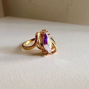 Vintage Gold Costume Ring with Beautiful Iridescent Marquis Cut